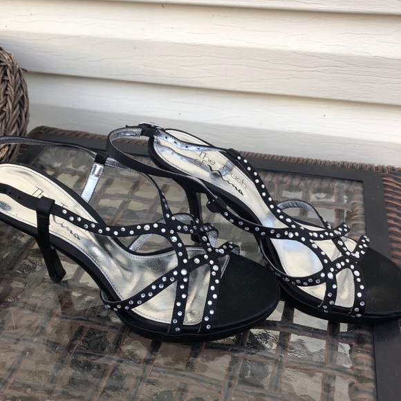 Formal crystal embellished black satin shoes. - Picture 2 of 5